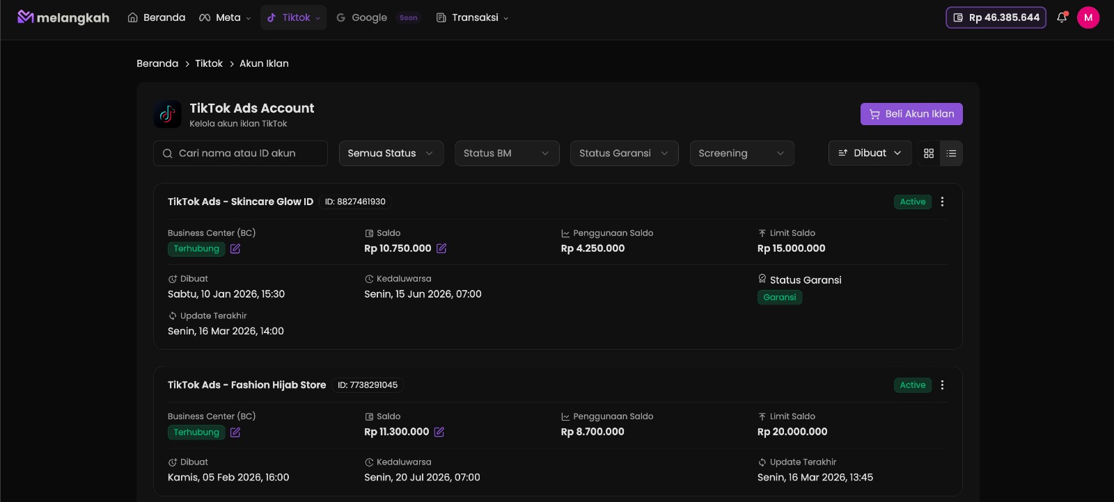 Dashboard TikTok Ads Whitelist