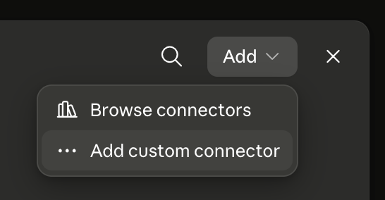 Menu tombol Add terbuka dengan pilihan Add custom connector