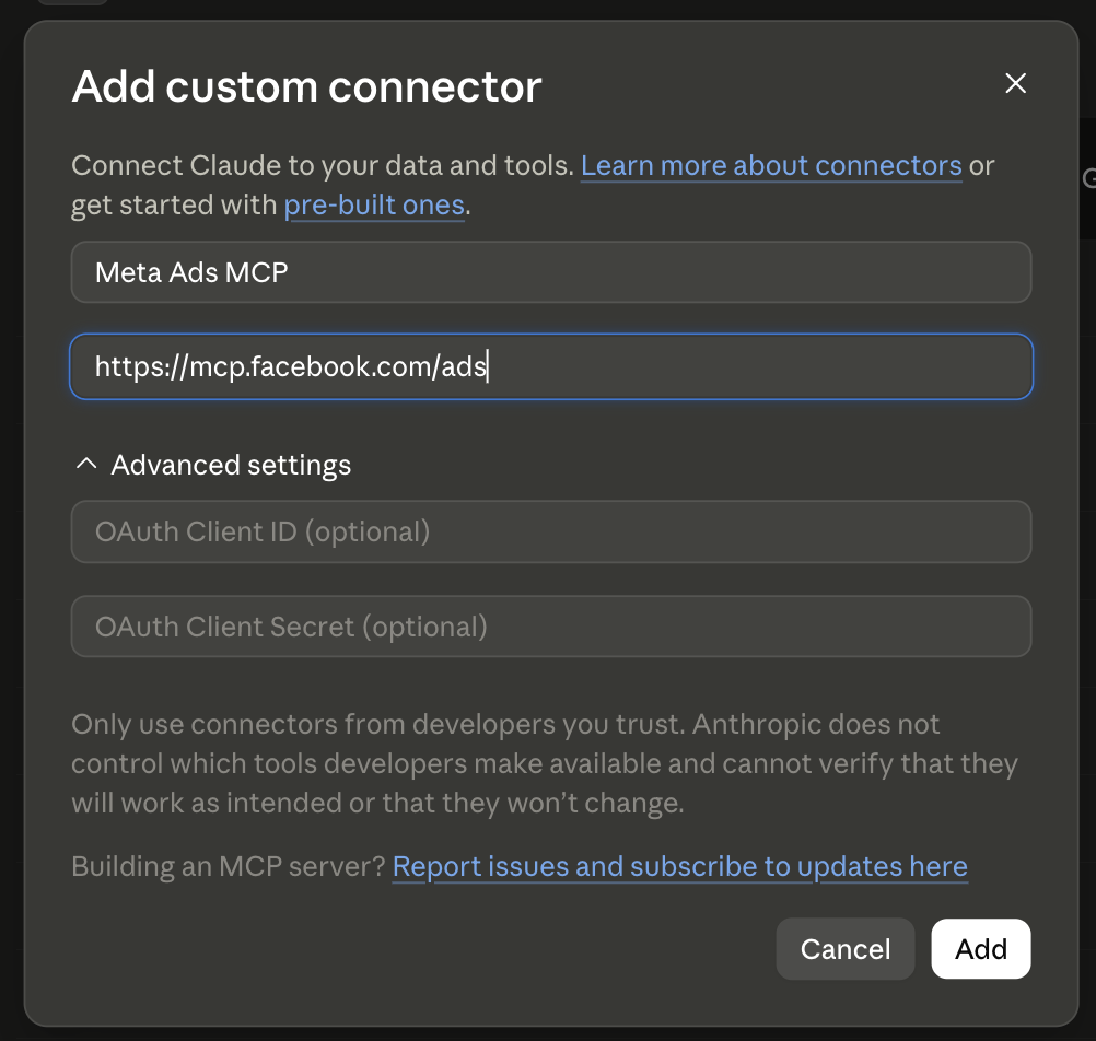 Dialog Add custom connector dengan kolom URL berisi https://mcp.facebook.com/ads