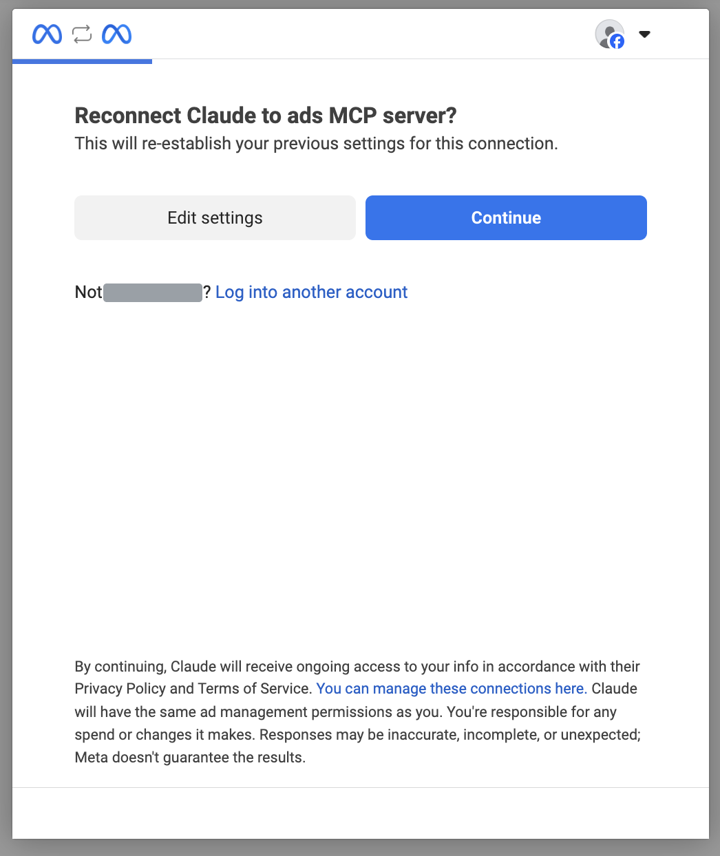 Halaman otorisasi Meta untuk menyambungkan Claude ke ads MCP server