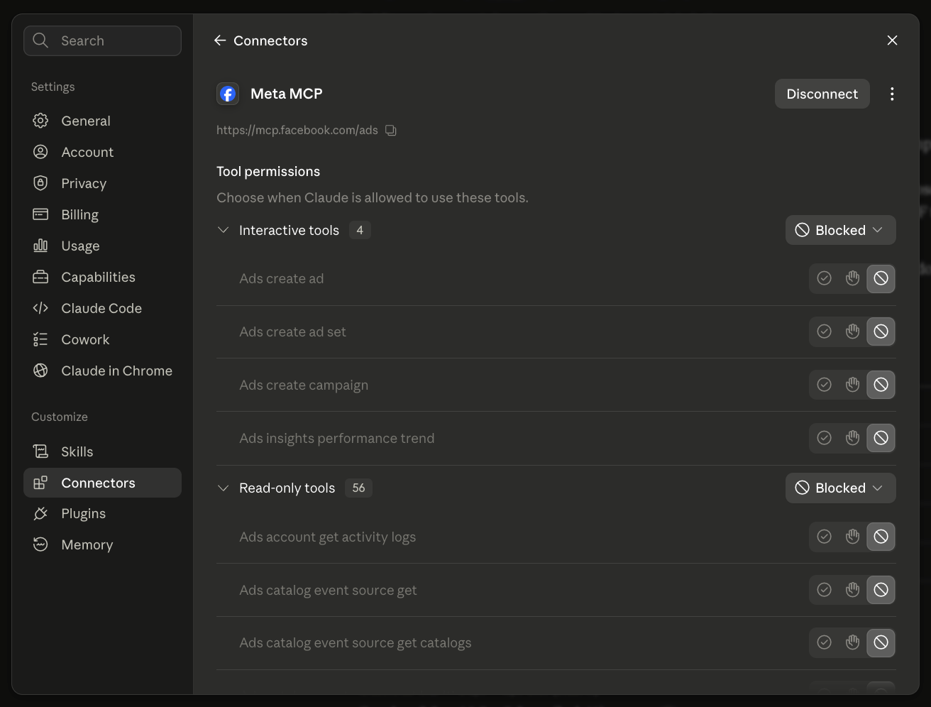 Halaman connector Meta MCP dengan daftar tool permissions