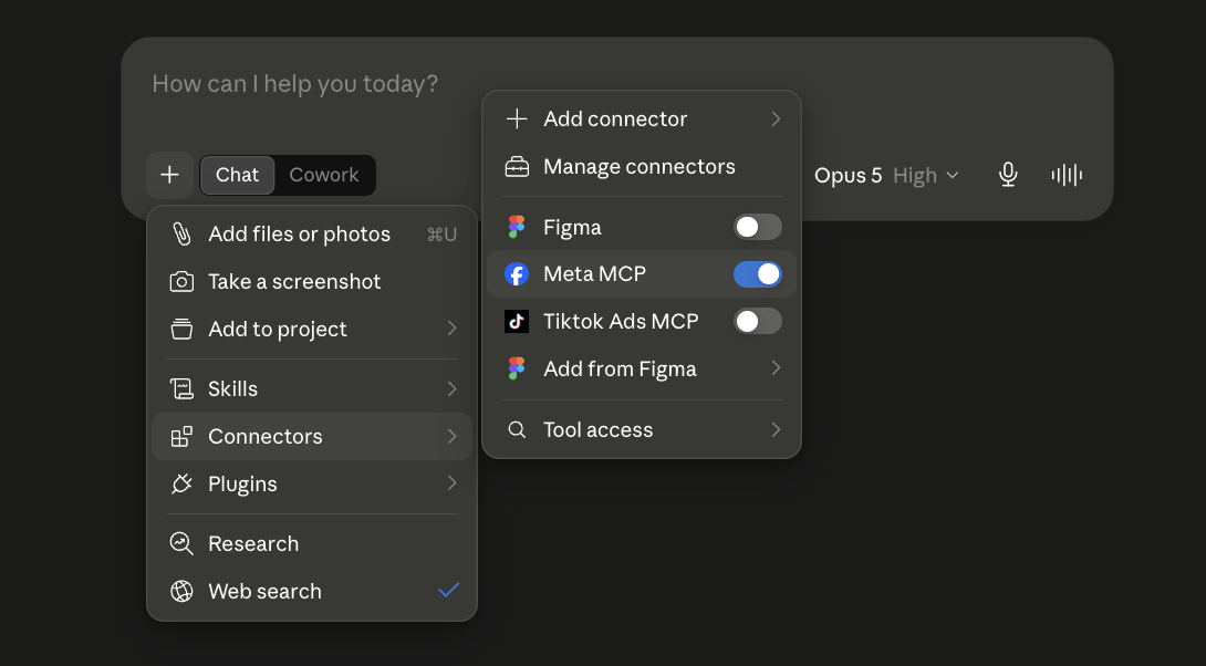 Menu connector di dalam percakapan Claude dengan Meta MCP dalam keadaan aktif