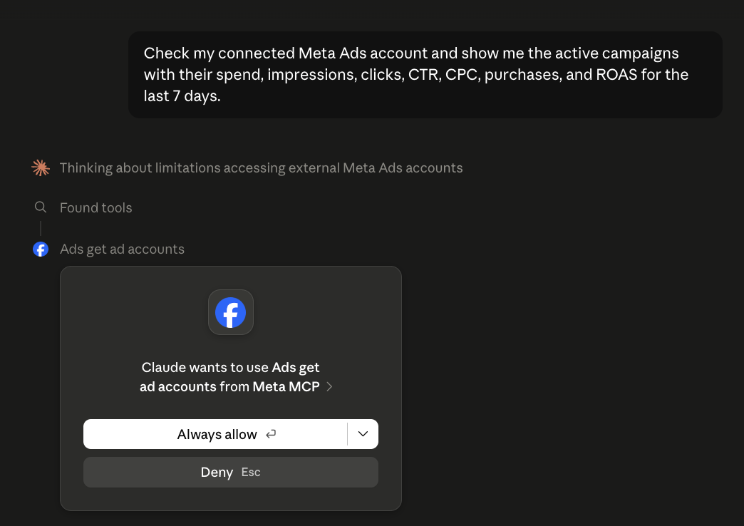 Claude meminta izin memakai tool Ads get ad accounts dari Meta MCP
